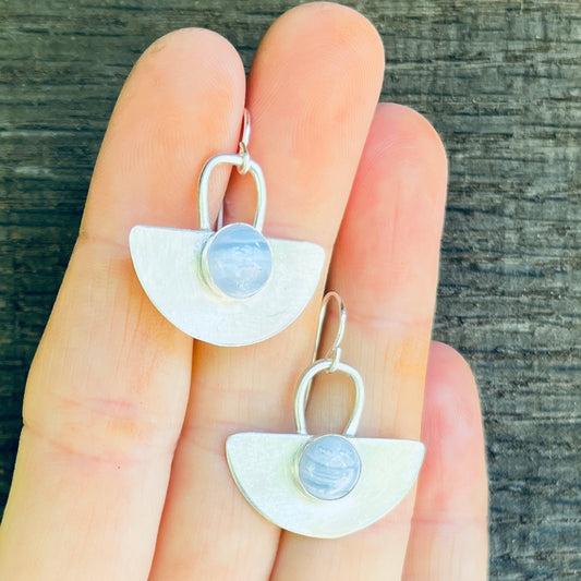 Silver half disk earrings with natural stone