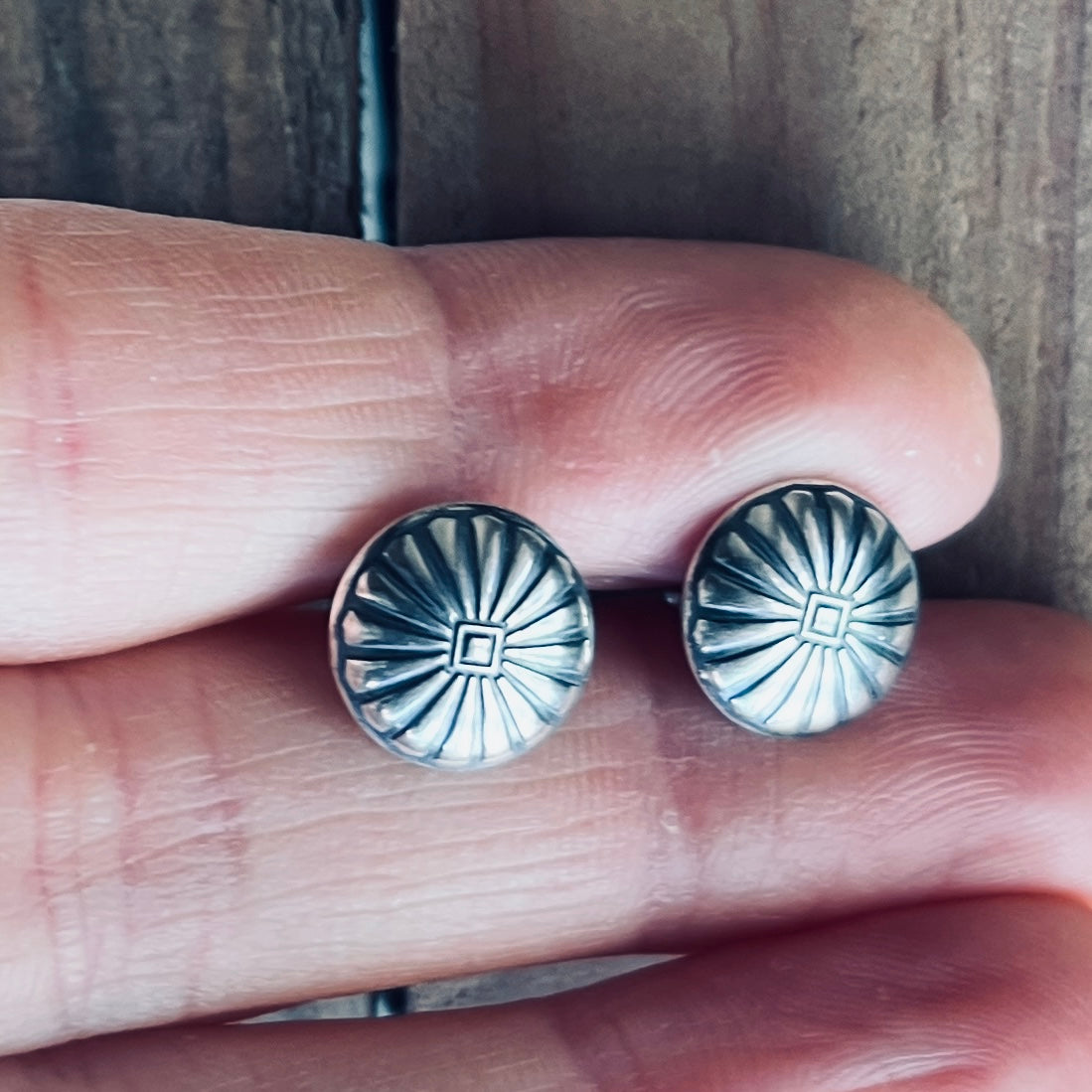 Circular Stud with Concho Pattern in Sterling Silver